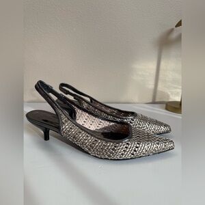 Jessica Bennett Silver Gray Woven Leather Slingback Elegant Kitten Heels